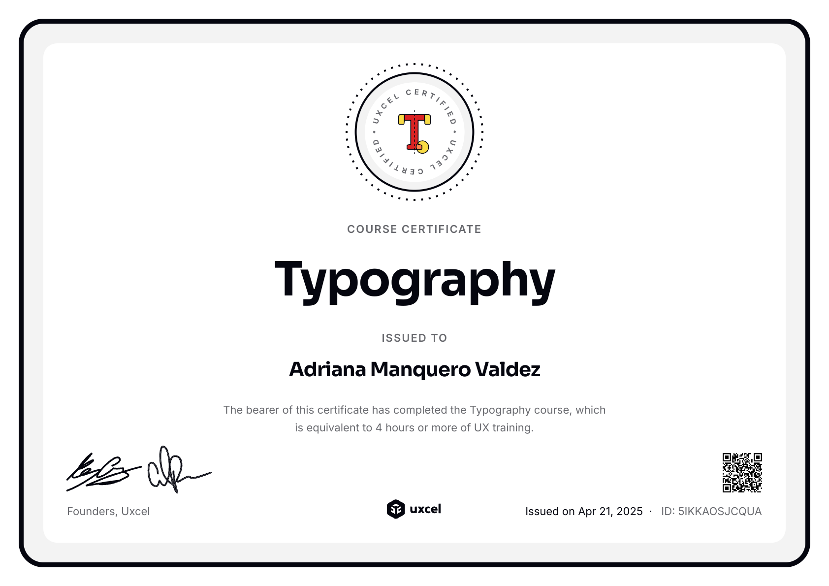 Adriana Manquero Valdez's certificate